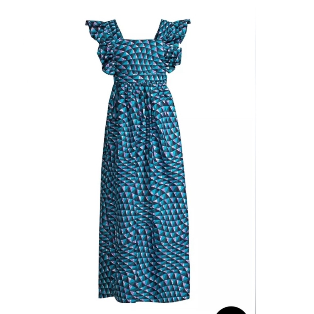 Tuckernuck Elisamama Blue Geometric Ankara Print Ruffle Sleeve Maxi Dress Large - Picture 9 of 9